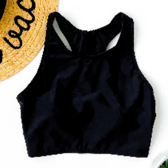 Black Zip Back Swim Top - Picture 1 of 7